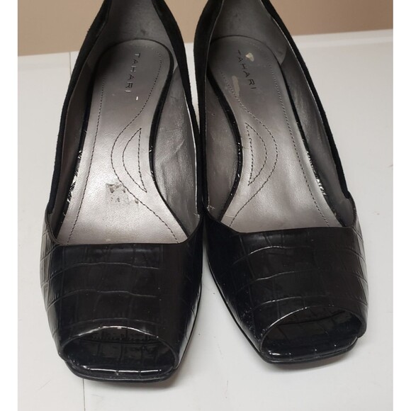 Tahari Women's Open Toe Black Suede Leather Croc Print Accent Heel Sz 10 PO Good - Picture 8 of 14